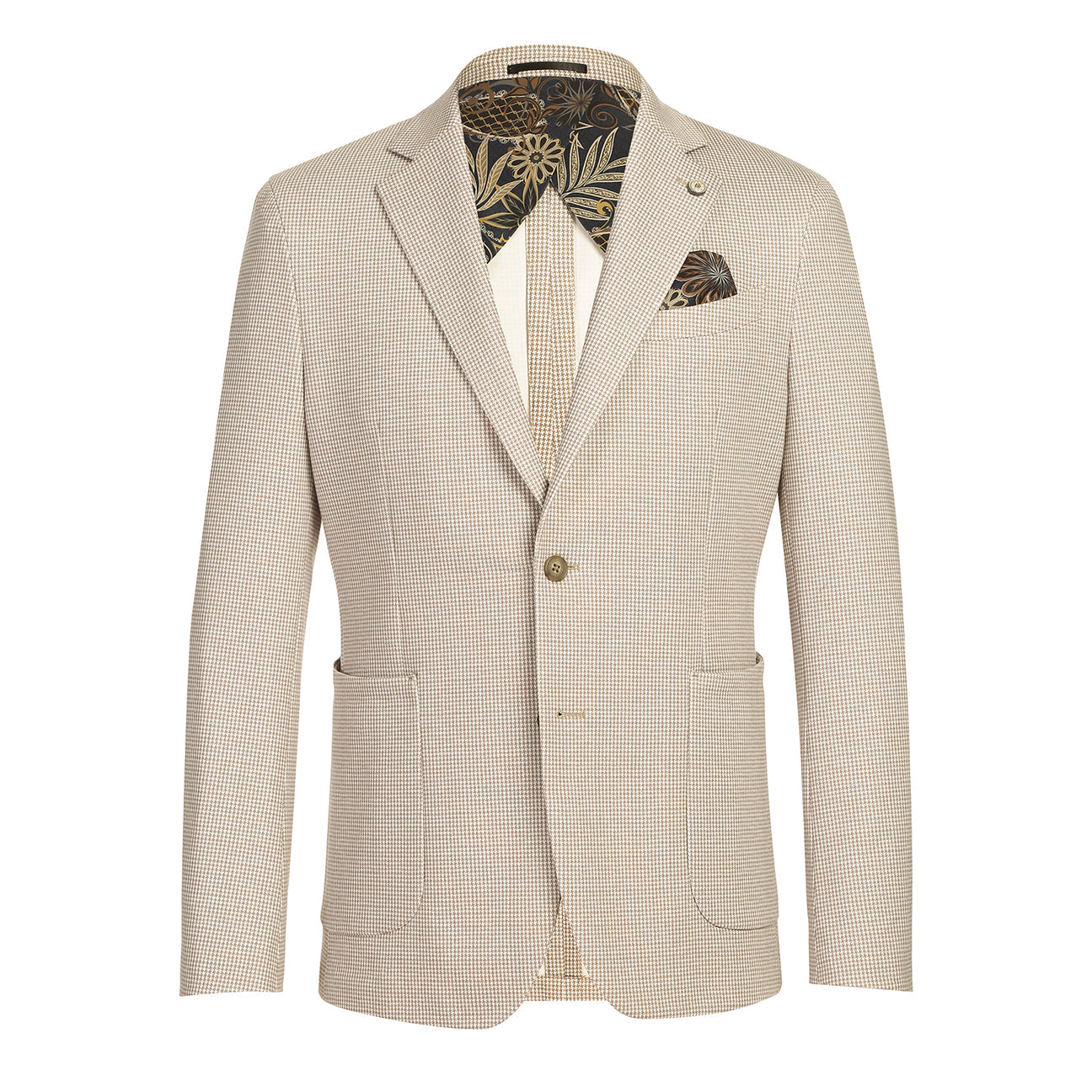The Pellagio Men's Half Canvas Blazer Beige PS25-10 is displayed on a mannequin with a notched lapel, styled with a white dress shirt, brown patterned tie, and pocket square.