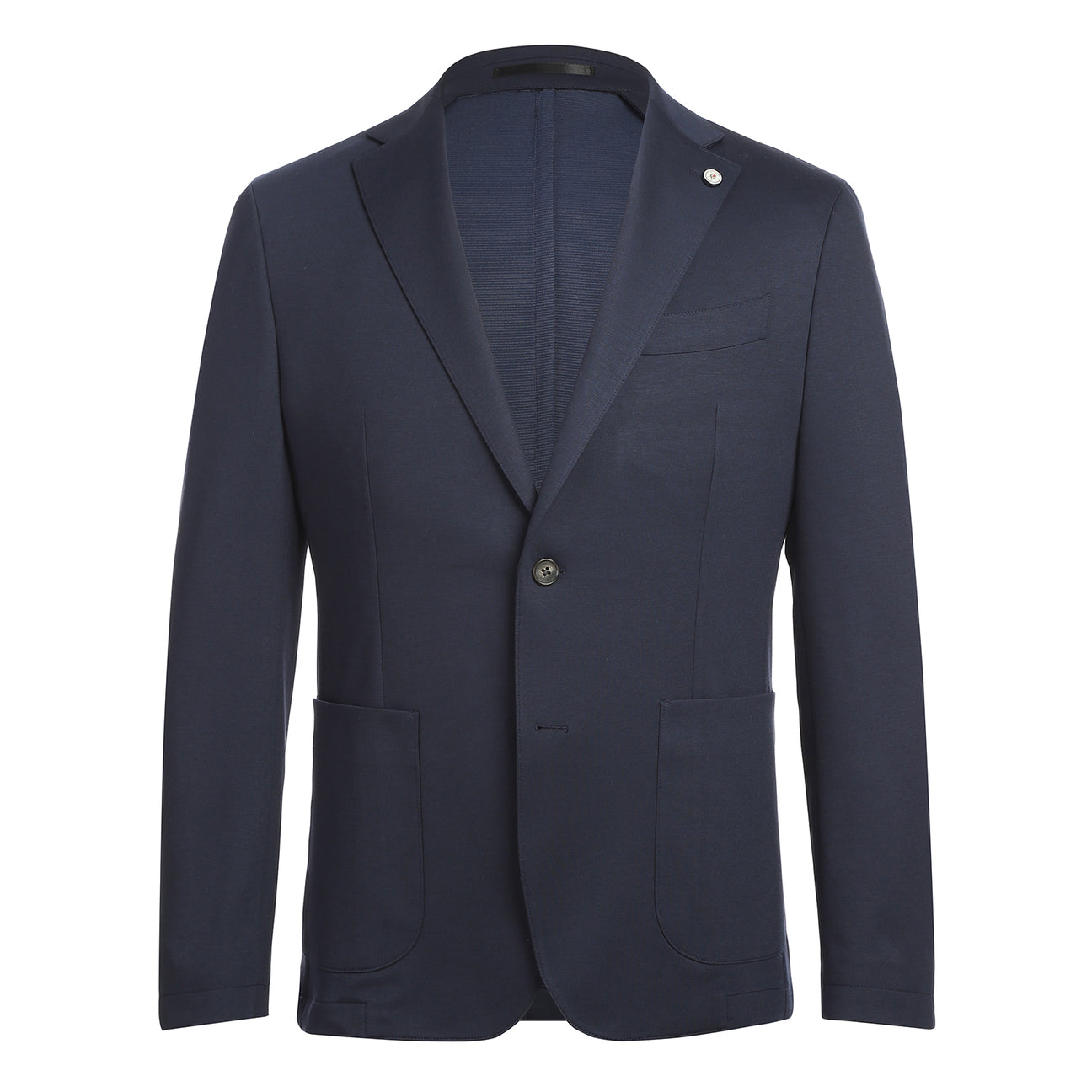 The mannequin wears a Pellagio Midnight Navy Men's Half Canvas Suit PF24-16, featuring a notched lapel, slim fit, and two buttons, paired with a white shirt and red patterned tie.