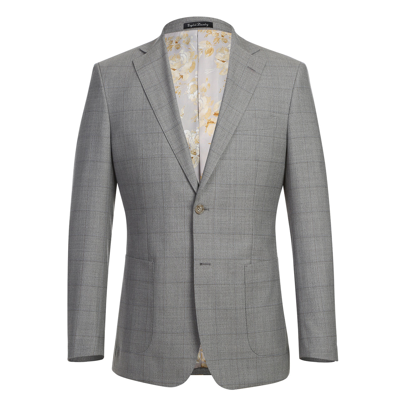 The ENGLISH LAUNDRY Stone Grey Wool Suit EL92-50-600 by English Laundry is showcased on a mannequin, styled with a white dress shirt and blue striped tie.