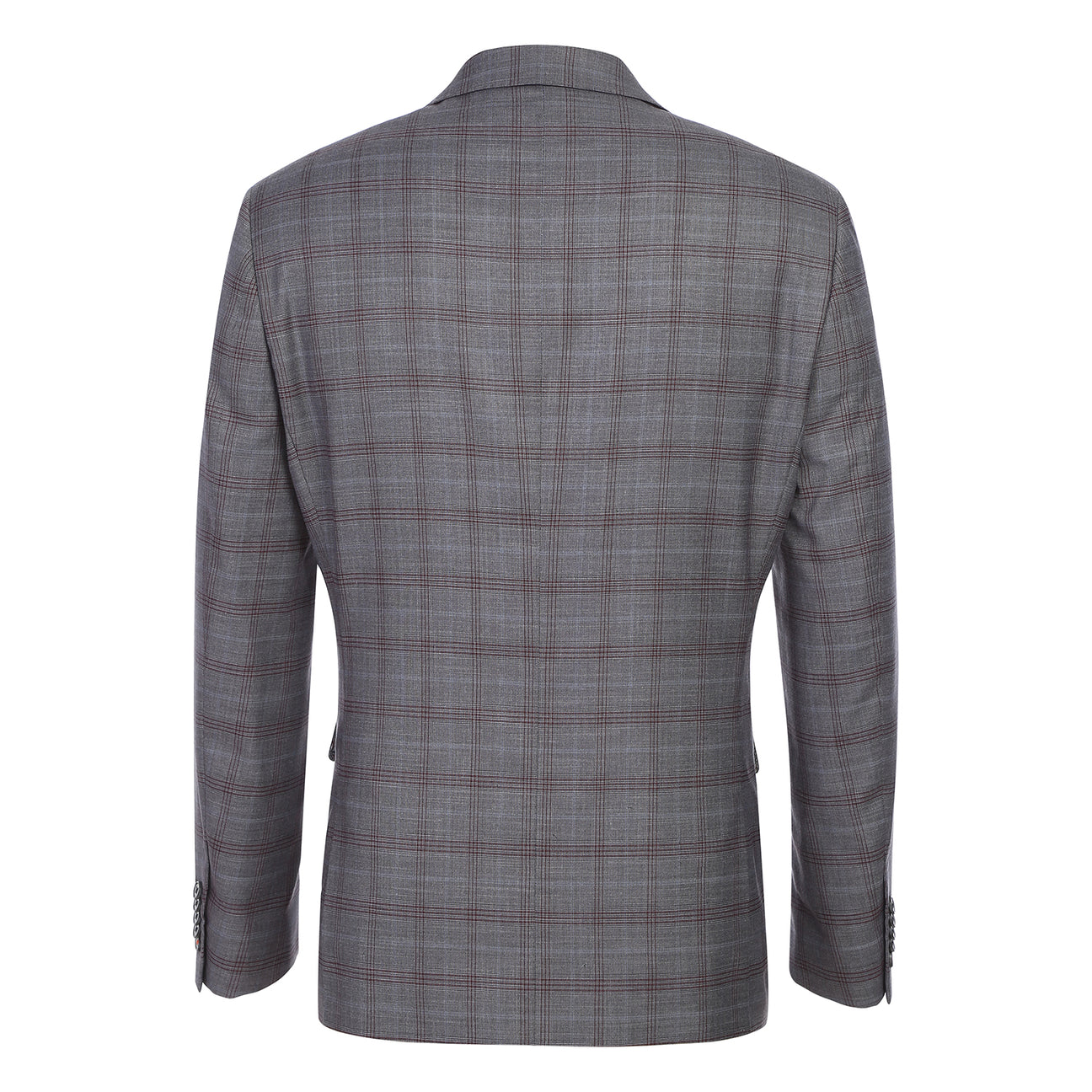 A man models the ENGLISH LAUNDRY 2pc Suit by English Laundry, featuring a gray plaid design with patterned inner lining. Close-ups highlight the fabric, buttons, and lining. Text notes its comfy polyester-rayon blend for style and ease.