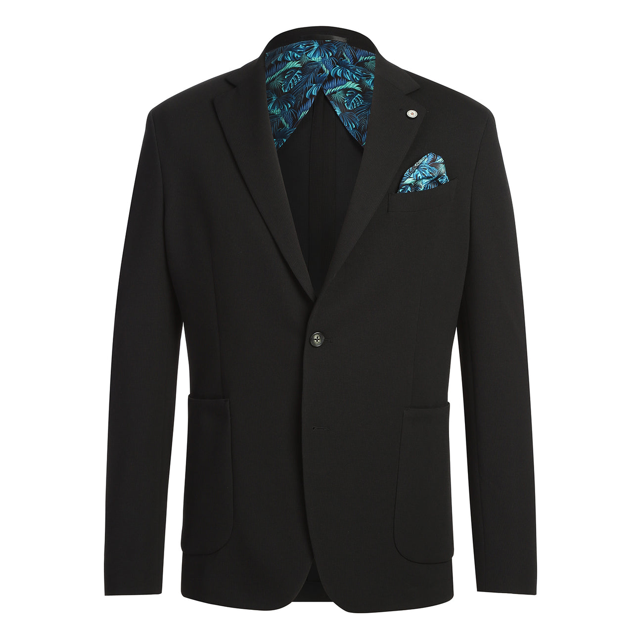 The Pellagio Men's Half Canvas Blazer Black PS25-18, a slim-fit single-breasted jacket with notched lapel, is styled on a mannequin with a white shirt, light patterned tie, and teal pocket square.