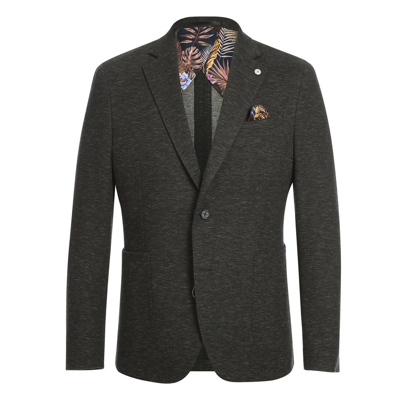 Displayed on a mannequin, the Pellagio Dark Brown Men's Half Canvas Blazer PF24-3 features a classic notched lapel and is paired with a striped tie, white shirt, and patterned pocket square.