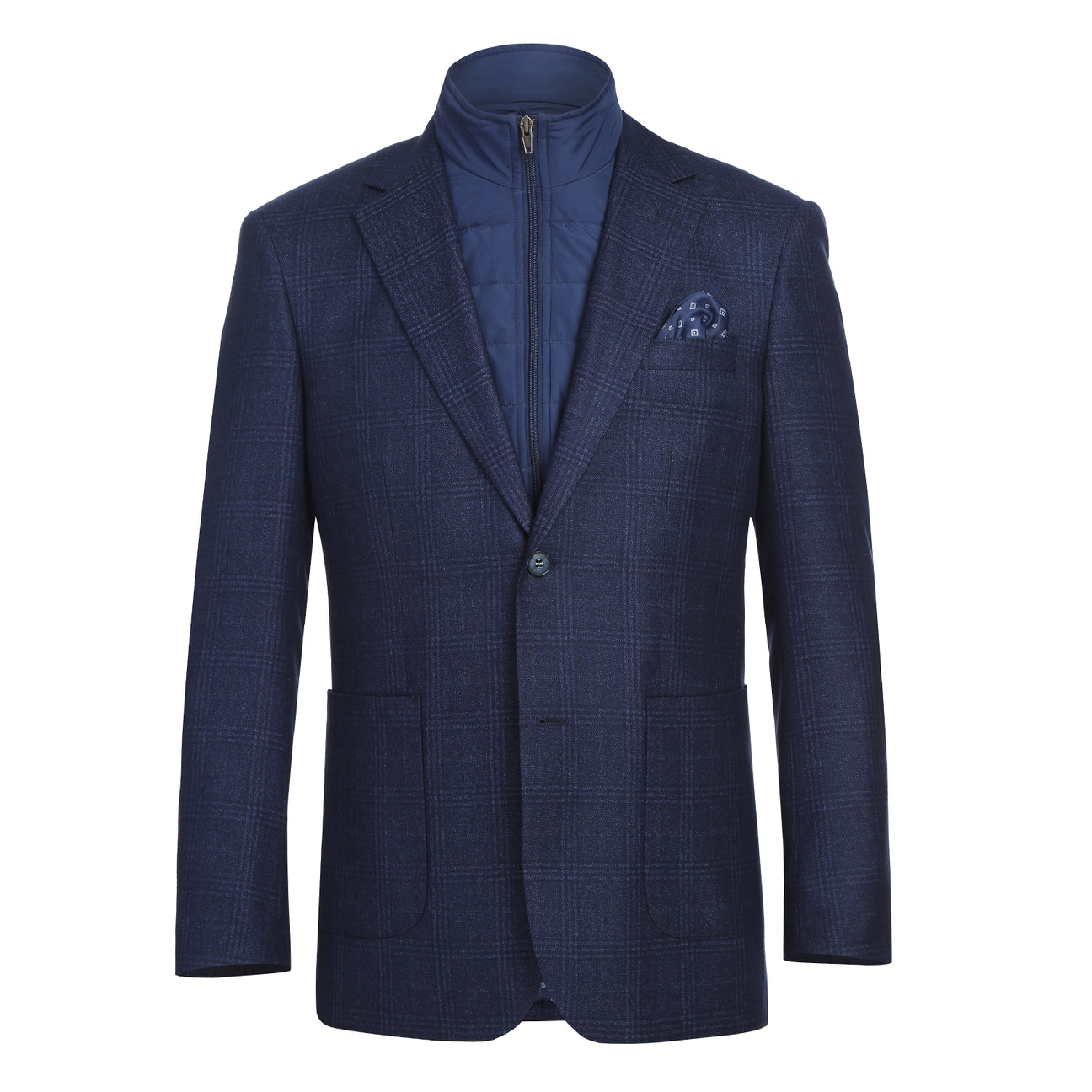 The Alessandro Vitello by Renoir New Slim Fit Sport Coat 294-41 features a navy blue checked design with a blue quilted zip-up insert, notch lapel, and patterned pocket square, shown on a white mannequin torso. Brand: Renoir.