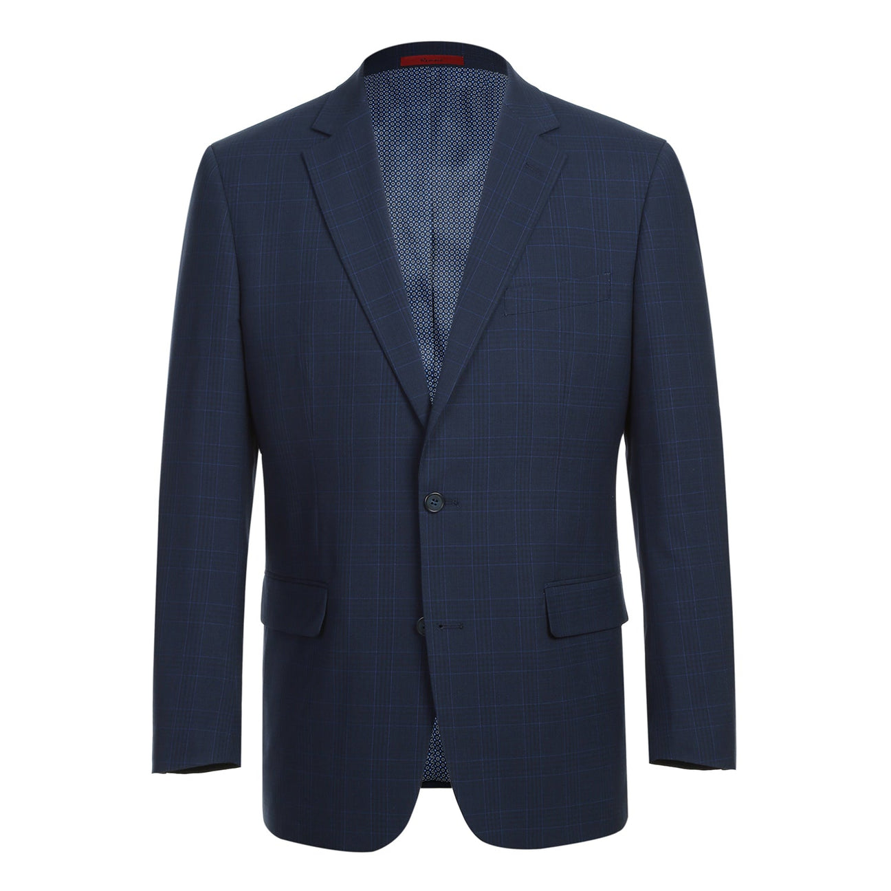 The Alessandro Vitello by Renoir Classic Fit Checked Suit in Marine Blue, styled on a mannequin with a white dress shirt and blue striped tie.