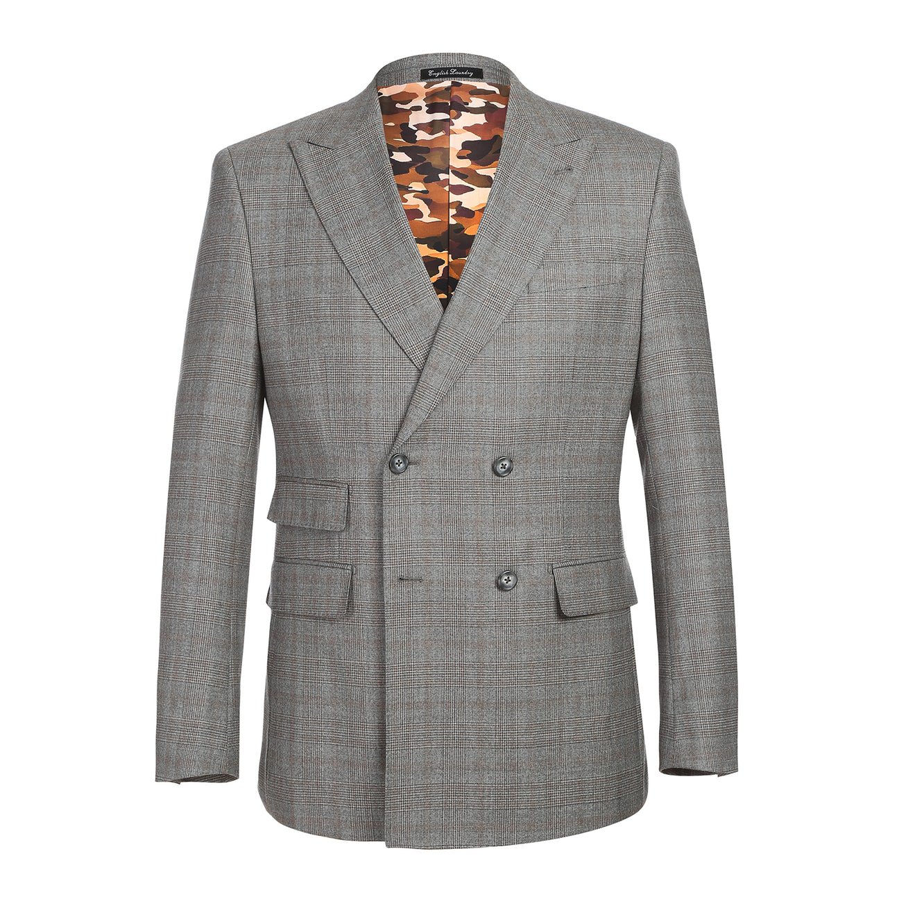 The ENGLISH LAUNDRY Double-breasted Gray Check Suit EL12-60-093 by English Laundry is showcased on a mannequin, styled with a white dress shirt and a red tie.