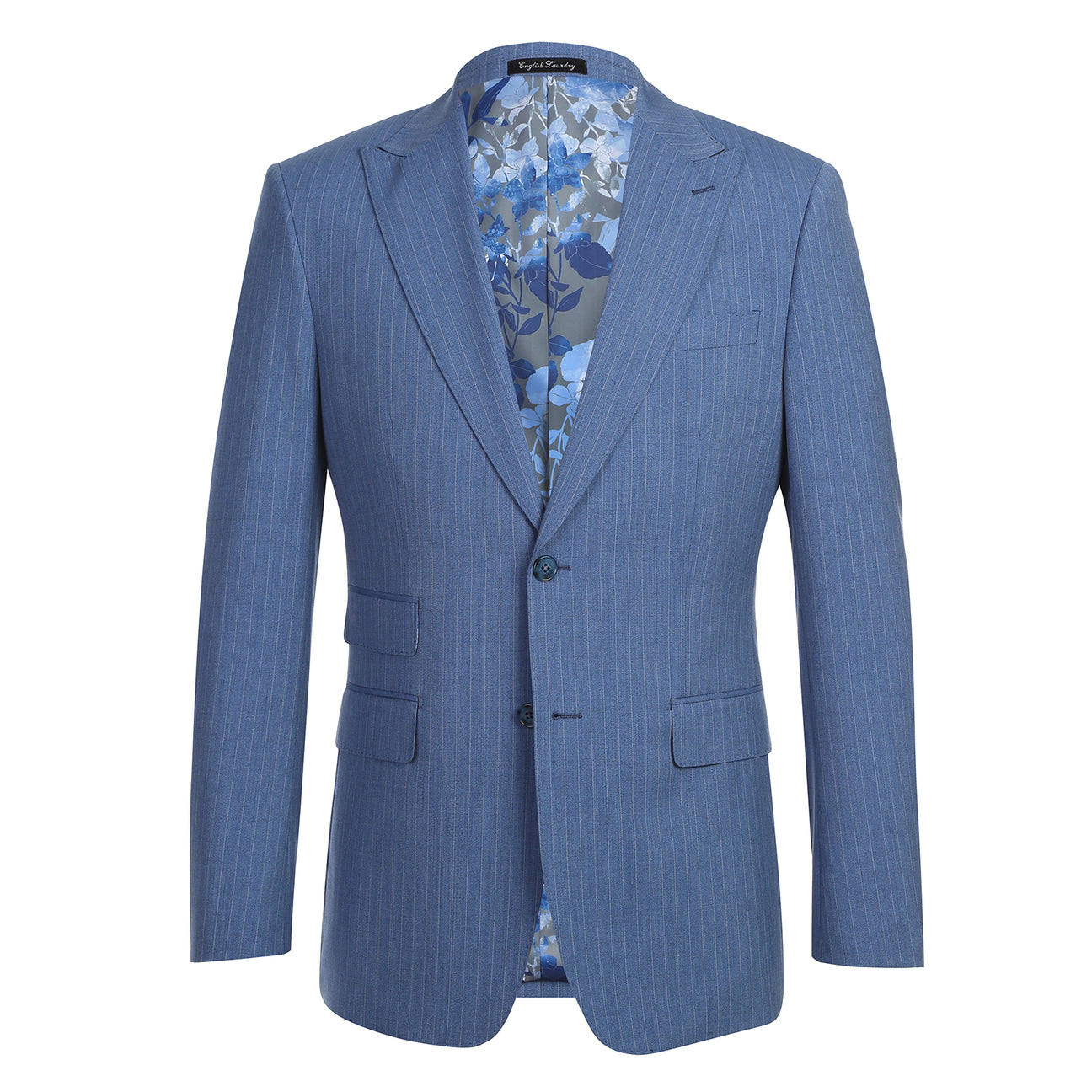 The ENGLISH LAUNDRY Light Blue Wool Suit EL92-33-412 by English Laundry features a slim fit, peak lapels, and pinstripes; displayed on a mannequin with a white dress shirt and blue patterned tie.