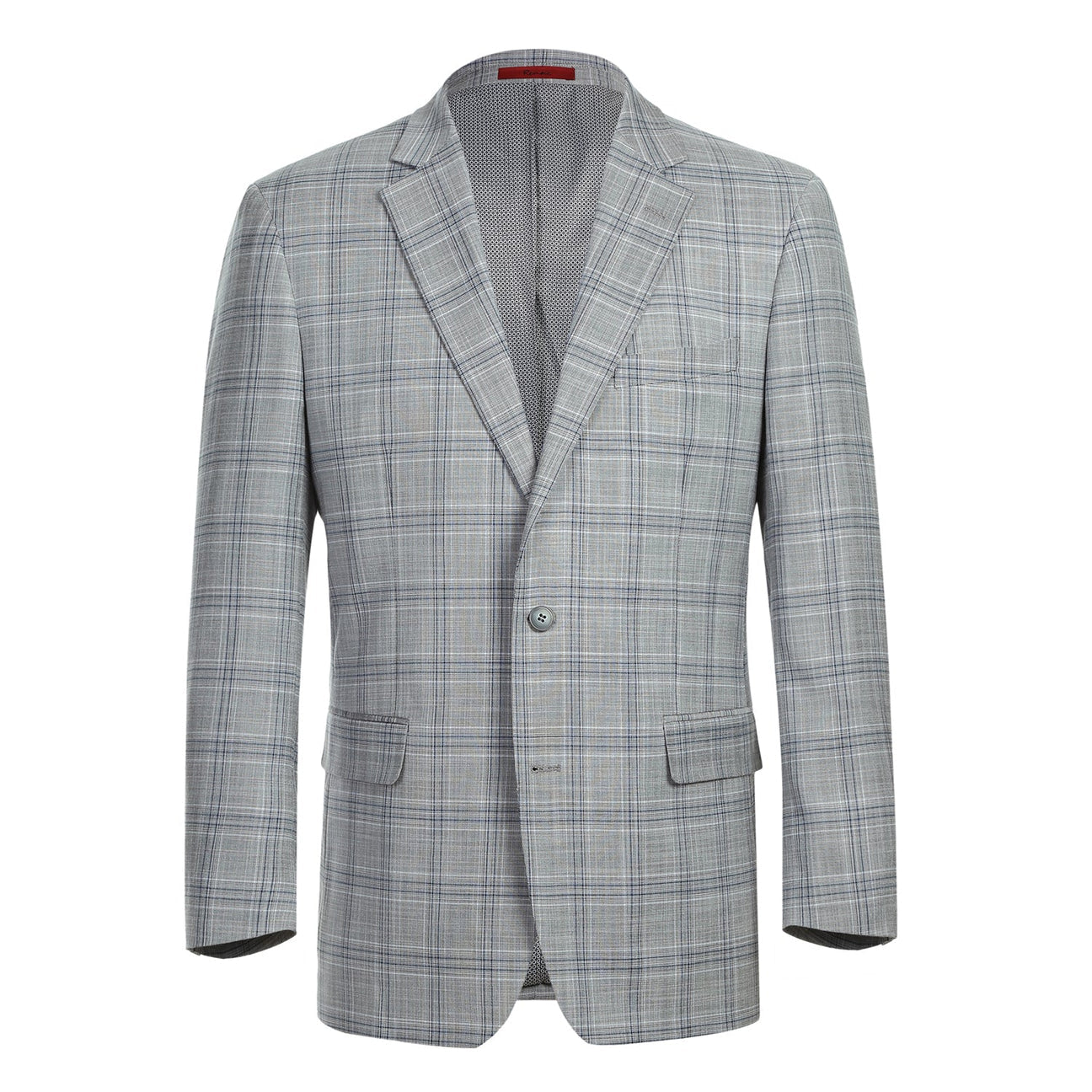 The Alessandro Vitello by Renoir Classic Fit Checked Suit Gray 293-23 is stylishly displayed on a mannequin, paired with a blue tie and white shirt.