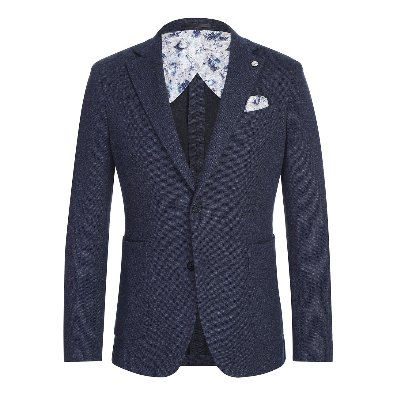 The Pellagio Men's Slim Fit Riserva Jacket Navy PF25-9 is styled over a white dress shirt with a striped orange and blue tie and patterned pocket square, displayed on a mannequin.