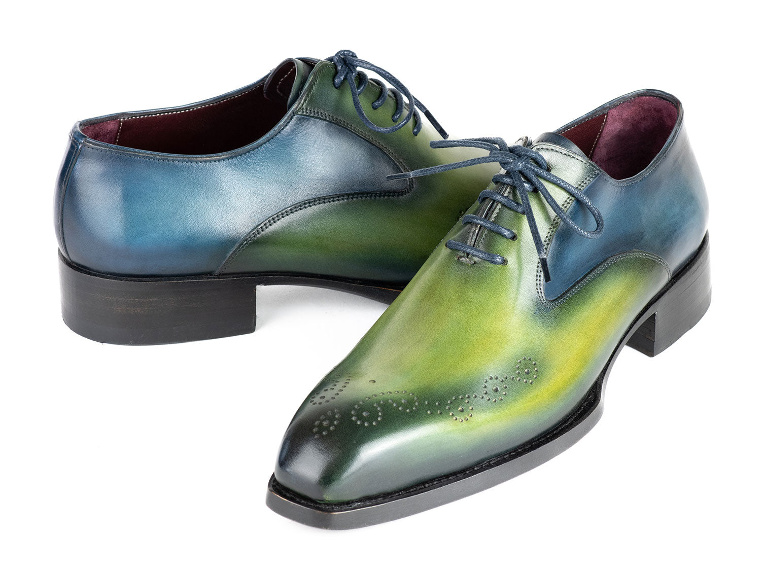 Introducing the Paul Parkman Goodyear Welted Punched Oxfords in Blue & Green (5364-GBL), a pair of hand-painted leather dress shoes featuring a stunning green and blue gradient, laces, decorative perforations, and crafted with a Goodyear welted sole.
