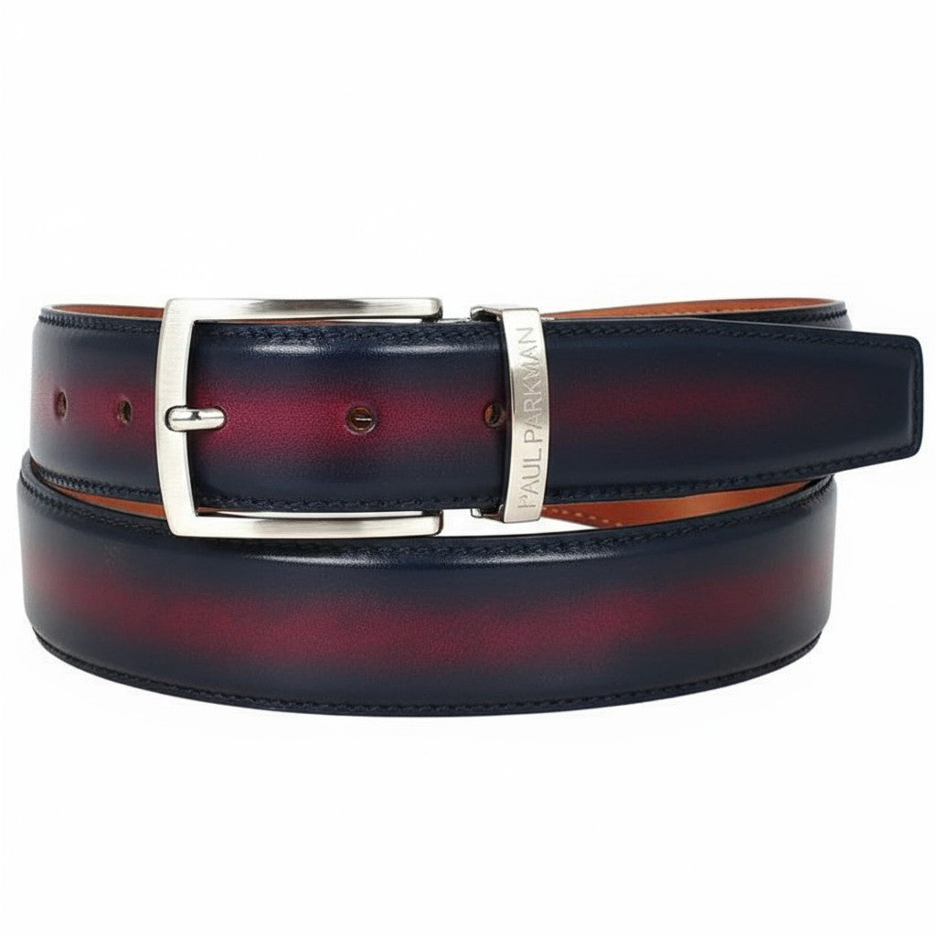 The Paul Parkman Men's Dual Color Patina Hand-Painted Leather Belt B01-B features Italian calfskin, a Bordeaux & navy gradient, silver buckle, and "Paul Parkman" engraved on the buckle loop.