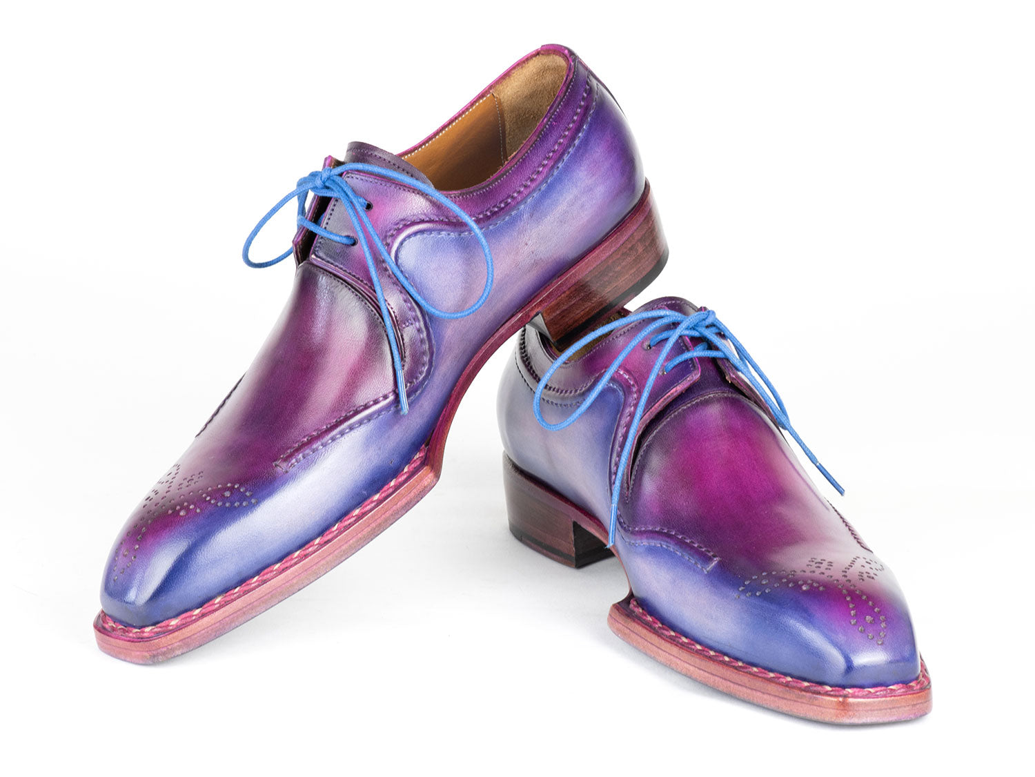 Paul Parkman Men's Hand-Welted Blue & Purple Leather Derby Shoes - 326G19, featuring blue laces and a medallion toe with decorative perforations on the toe caps.