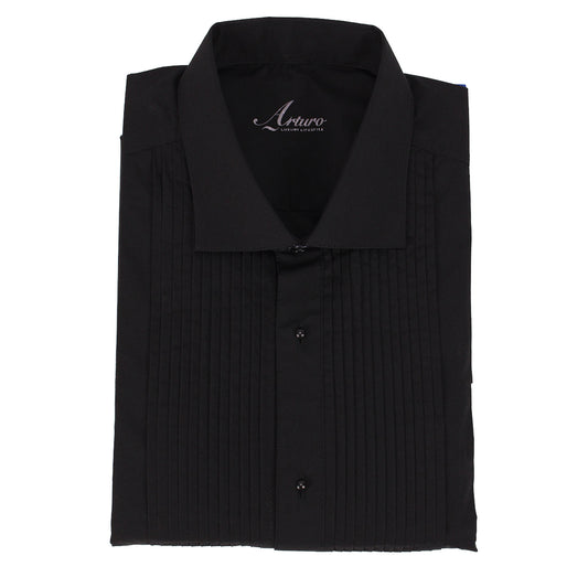 The ARTURO Slim Fit Black Dress Shirt (4X to 6X) by Arturo features a pleated front and spread collar, neatly folded with the "Arturo" label displayed inside the collar.