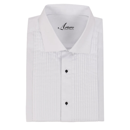 The ARTURO Slim Fit White Dress Shirt (4X to 6X) is a white cotton-polyester shirt with a pleated front, two dark buttons, and the Arturo logo on the inside collar.