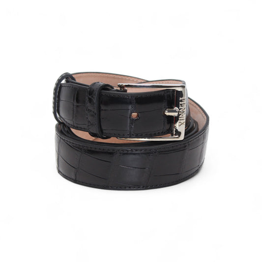 The Matiste Black Alligator Leather Belt 301 is a luxury handcrafted belt with a crocodile pattern, coiled design, silver buckle, and tan interior from Matiste.