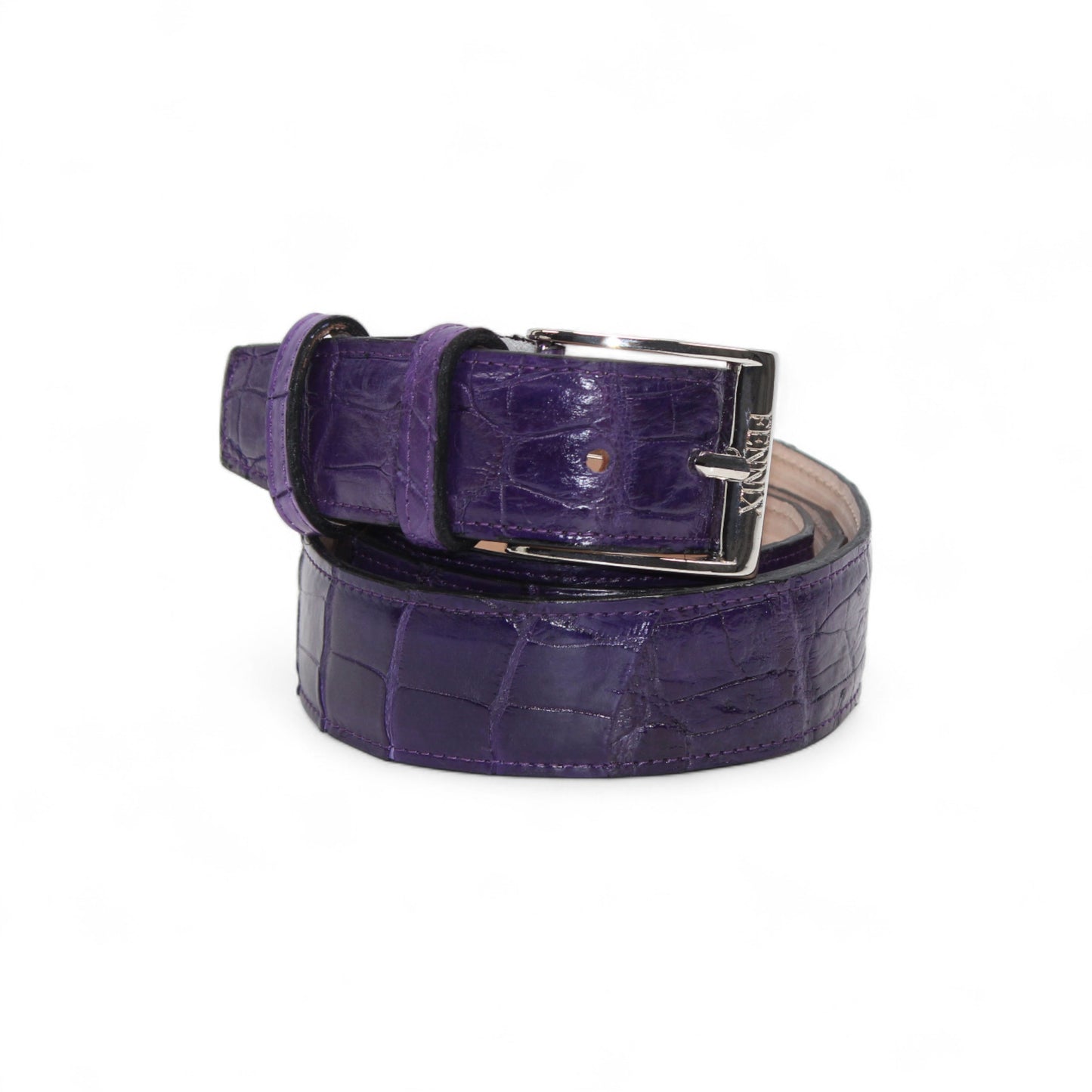 The Matiste Purple Alligator Leather Belt 301 features coiled crocodile-pattern leather with a silver buckle, displayed on white. This luxury Matiste belt showcases elegance and sophistication.