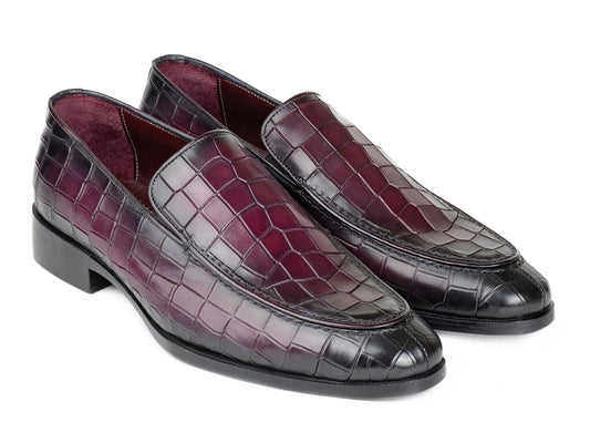A pair of Paul Parkman loafers in luxurious purple croco-textured leather, featuring sleek black soles, elegantly showcased side by side.