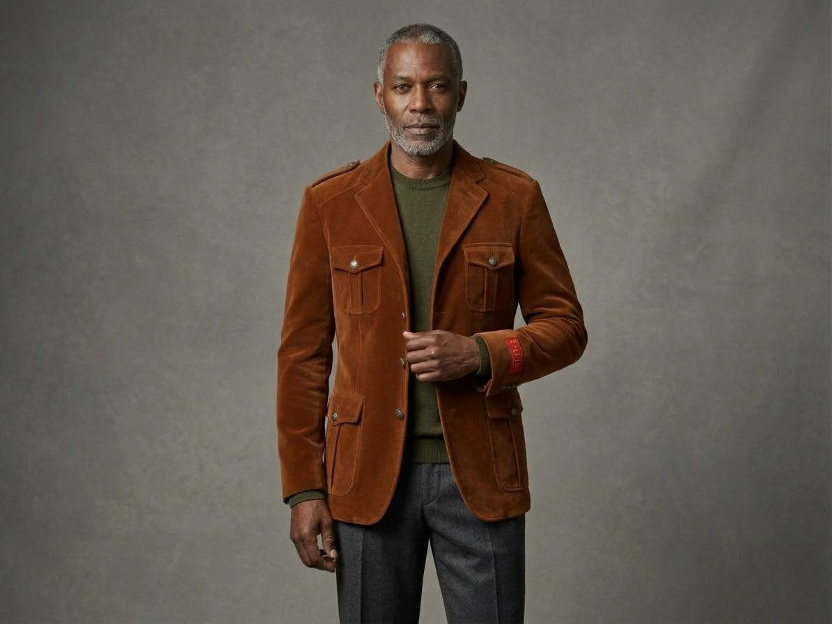 A man wears an Inserch Velvet Military Blazer BL569 Cognac (Size Small) with four front pockets, shoulder epaulets, and military shank buttons over an olive green sweater.