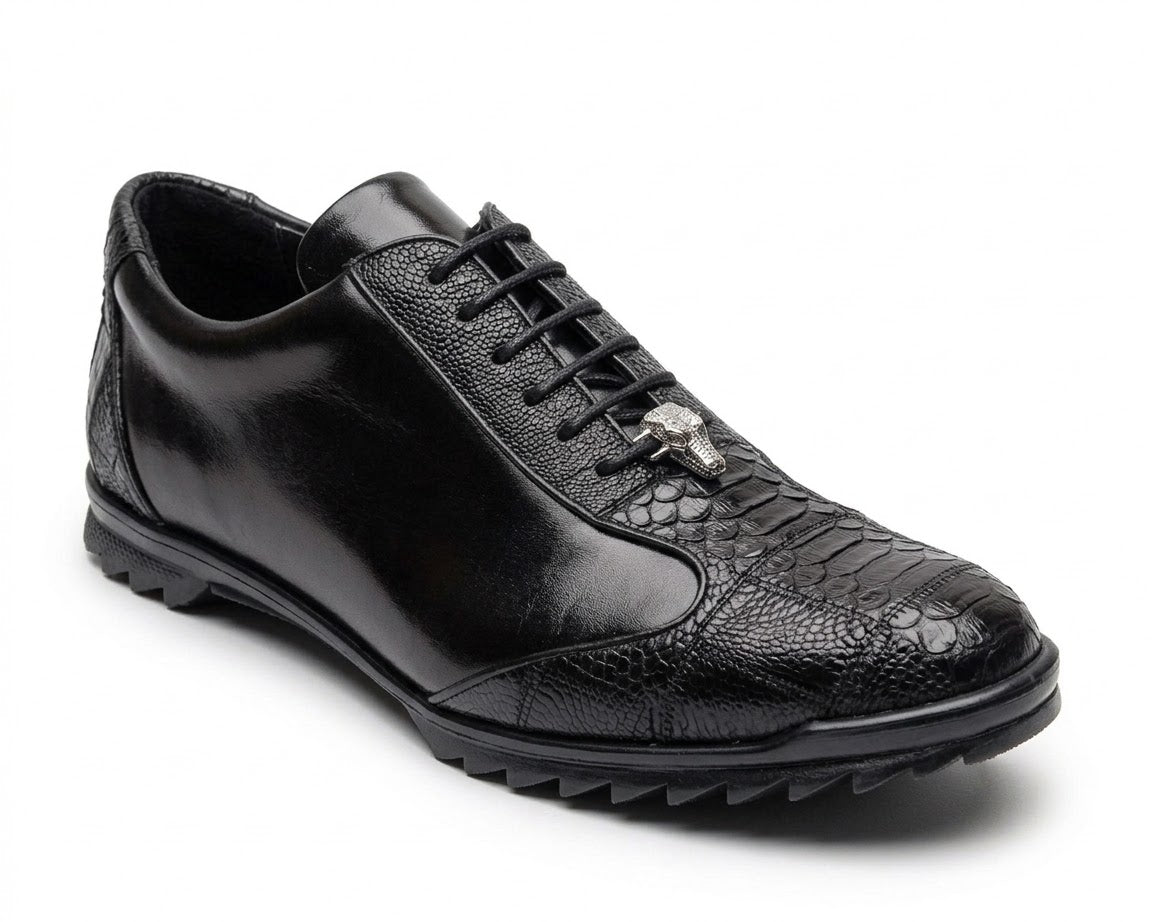 The Los Altos ZEUS Black Ostrich Leg (ZC091905) is a striking piece of black leather footwear, showcasing a unique laced design with exotic ostrich leg skins featuring a crocodile texture on the front half.