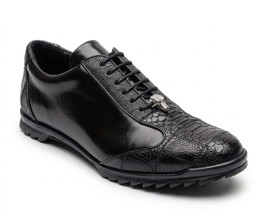 The Los Altos ZEUS Black Ostrich Leg (ZC091905) is a striking piece of black leather footwear, showcasing a unique laced design with exotic ostrich leg skins featuring a crocodile texture on the front half.