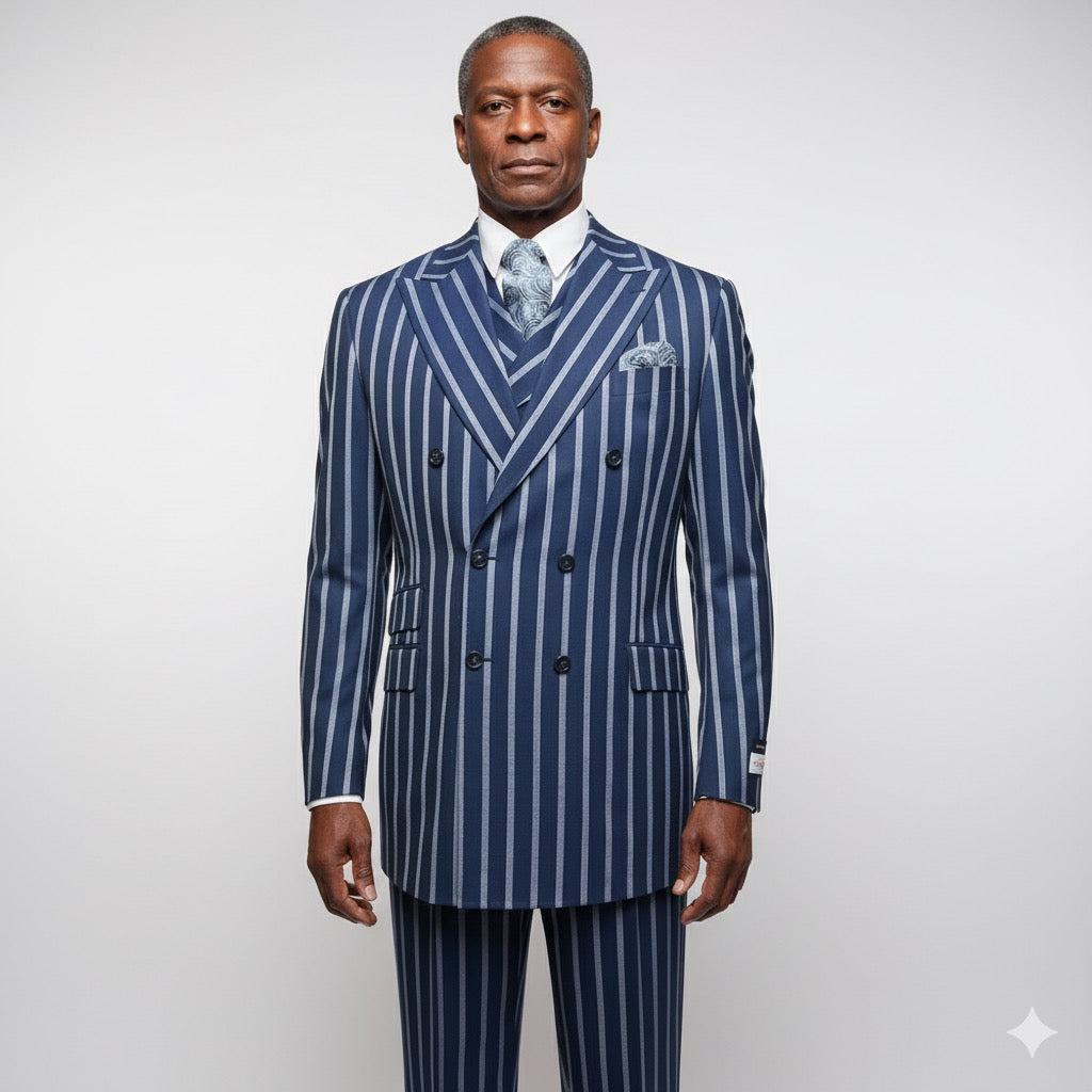 A mannequin wears a Tiglio Rosso DB Este Blue/Grey Bold Stripe suit (TL4122), paired with a matching vest, white shirt, and patterned tie, set against a dark gradient background. Sizes: 48R, 50R, 52R, 46L, 50L, 54L.