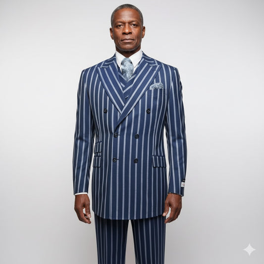 A mannequin wears a Tiglio Rosso DB Este Blue/Grey Bold Stripe suit (TL4122), paired with a matching vest, white shirt, and patterned tie, set against a dark gradient background. Sizes: 48R, 50R, 52R, 46L, 50L, 54L.