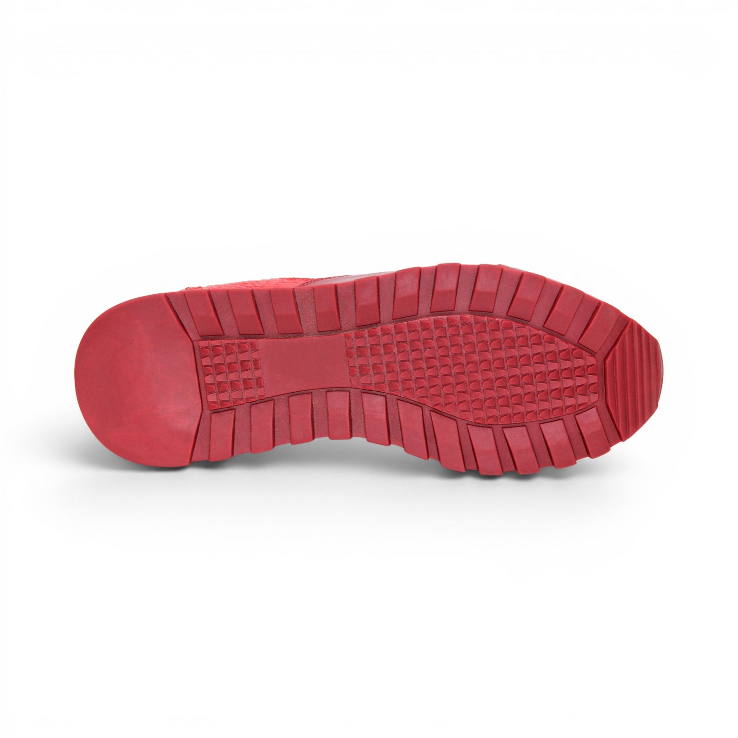 The Fennix 3538 Red by Fennix of Italy is a red athletic sneaker featuring a textured surface reminiscent of exotic leather, matching red laces, and a white midsole paired with a red outsole, displayed in profile view. Its expert craftsmanship provides a subtle nod to luxury Italian footwear, seamlessly blending style and sport in one sleek design.