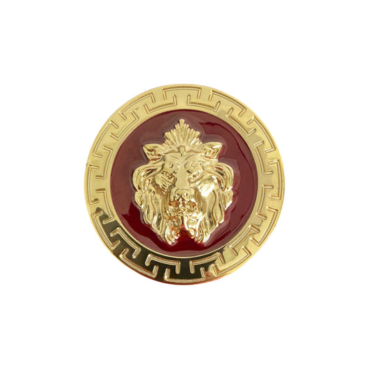 The Matiste Burgundy/Gold Belt Buckle 35mm B35 features a gold lion head on a red background with a gold Greek key border—showcasing Italian craftsmanship for those seeking a bold statement lion buckle from Matiste.