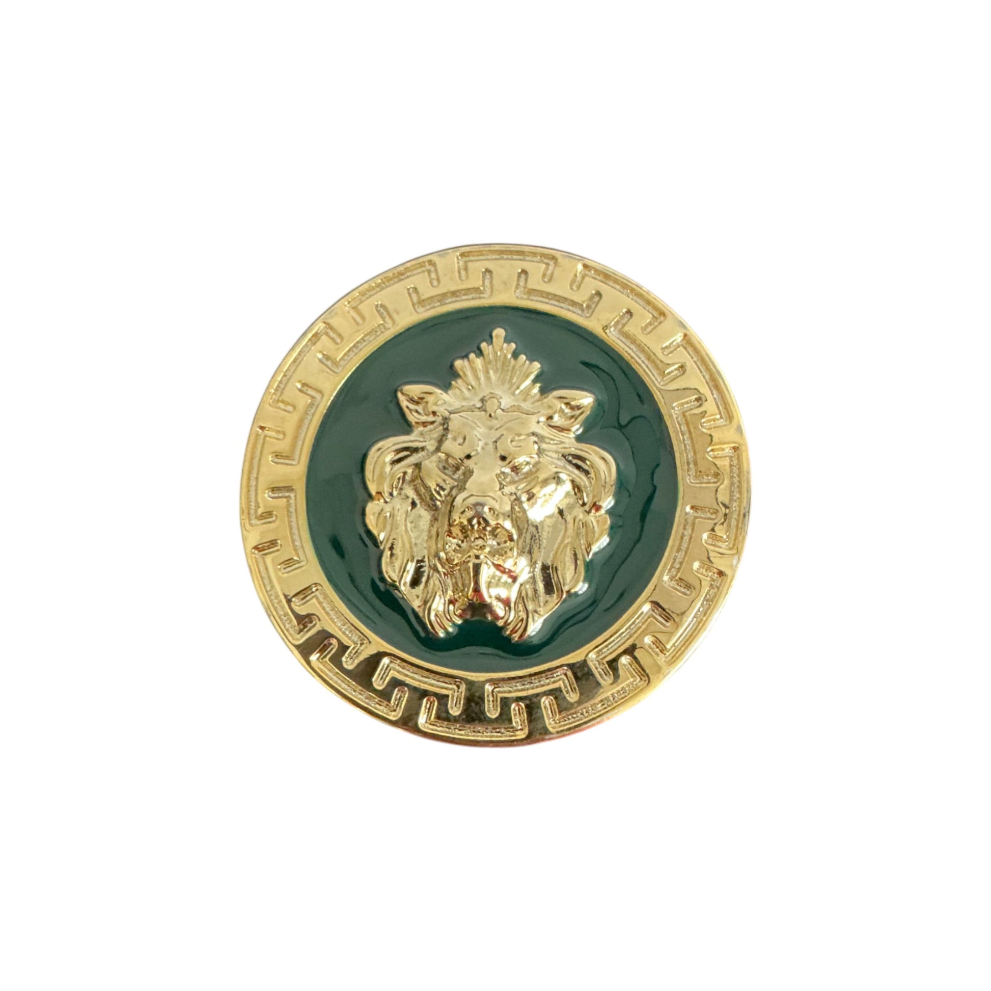 The Matiste Green/Gold Belt Buckle 35mm B35 by Matiste features a gold lion head on a green background with a Greek key border—a bold detail inspired by Italian artistry.