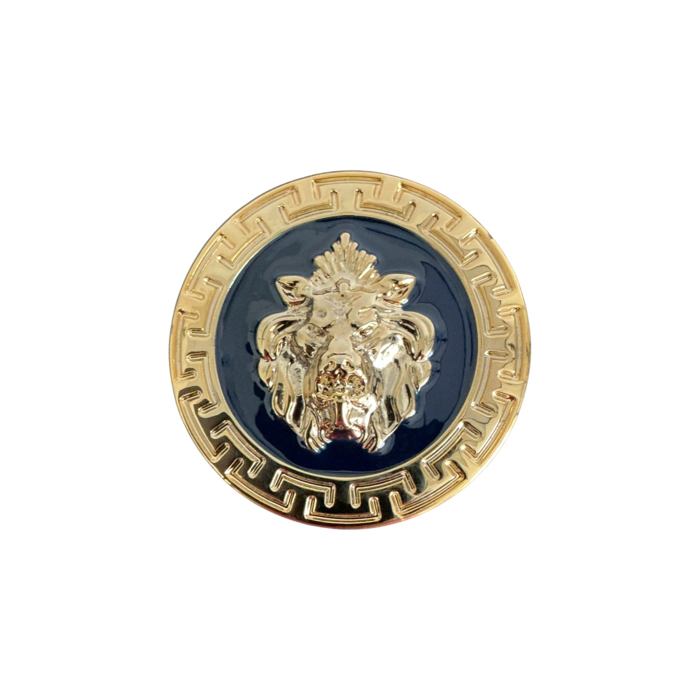 The Matiste Navy/Gold Belt Buckle 35mm B35 features a raised lion head at the center with a gold geometric border, capturing classic Italian luxury style—a refined accent from Matiste for any outfit.