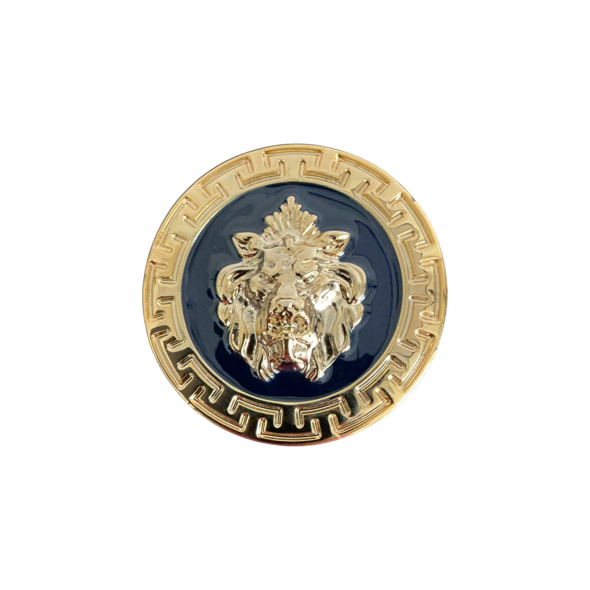 The Matiste Navy/Gold Belt Buckle 35mm B35 features a raised lion head at the center with a gold geometric border, capturing classic Italian luxury style—a refined accent from Matiste for any outfit.