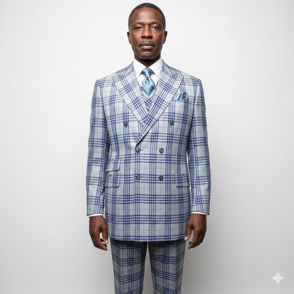 A mannequin wearing a Tiglio Rosso DB Este Grey/Blue Plaid TL4269 suit (46L and 50L only).