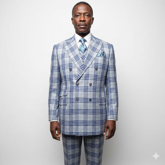 A mannequin wearing a Tiglio Rosso DB Este Grey/Blue Plaid TL4269 suit (46L and 50L only).
