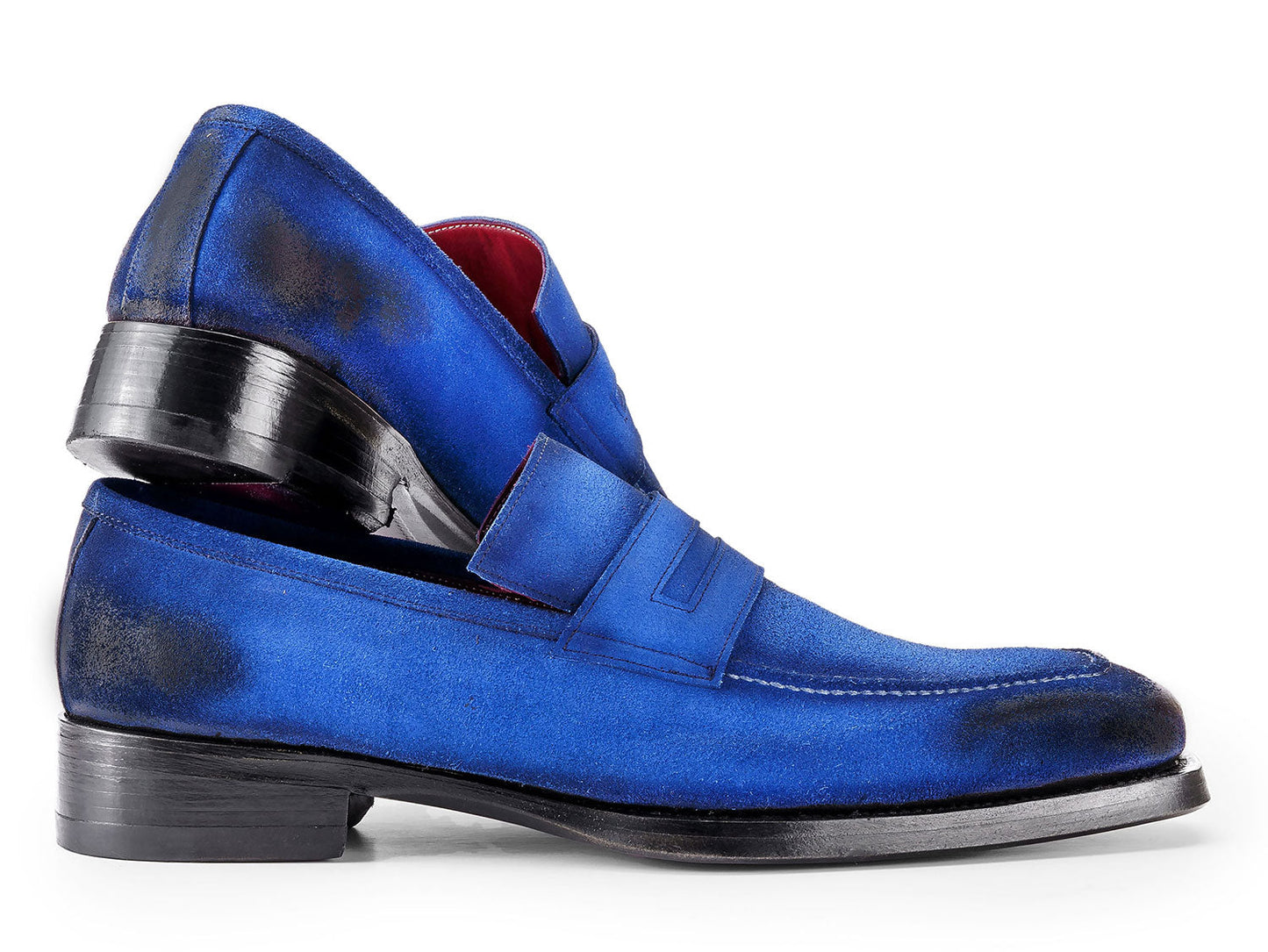 The Paul Parkman Blue Antique Suede Goodyear Welted Loafers (36BQ94) feature black accents and white stitching, shown against a white background.