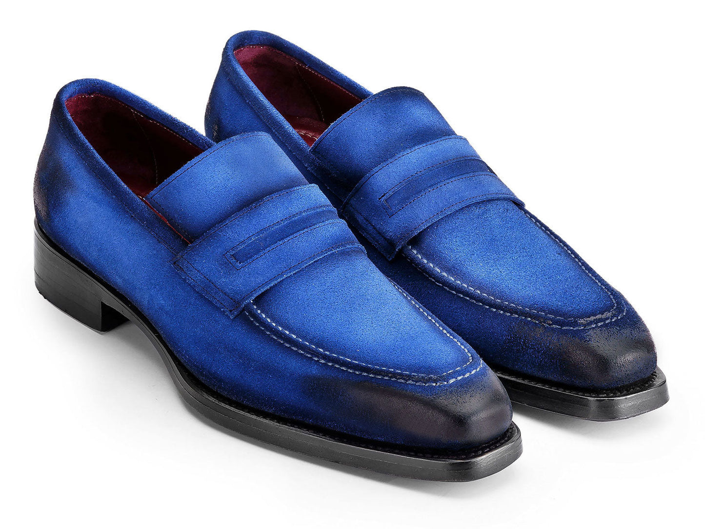 The Paul Parkman Blue Antique Suede Goodyear Welted Loafers (36BQ94) feature black accents and white stitching, shown against a white background.