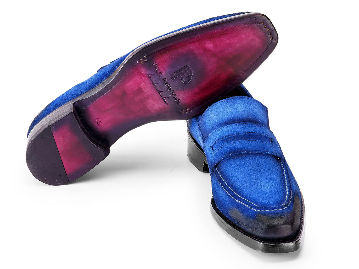 The Paul Parkman Blue Antique Suede Goodyear Welted Loafers (36BQ94) feature black accents and white stitching, shown against a white background.