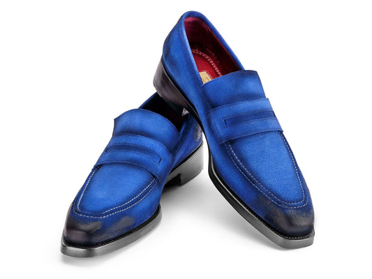 The Paul Parkman Blue Antique Suede Goodyear Welted Loafers (36BQ94) feature black accents and white stitching, shown against a white background.