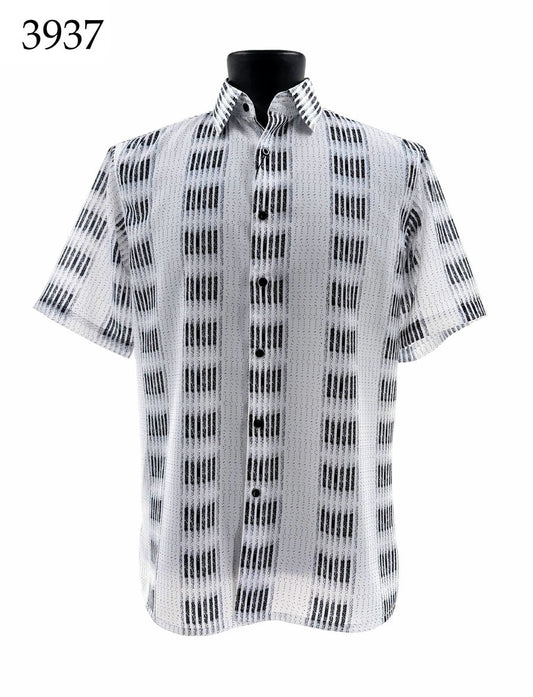 The Bassiri Short Sleeve Shirt 3937 by Bassiri features a regular fit and black vertical stripes on a white background. Shown on a mannequin with the number 3937 in the top left corner.
