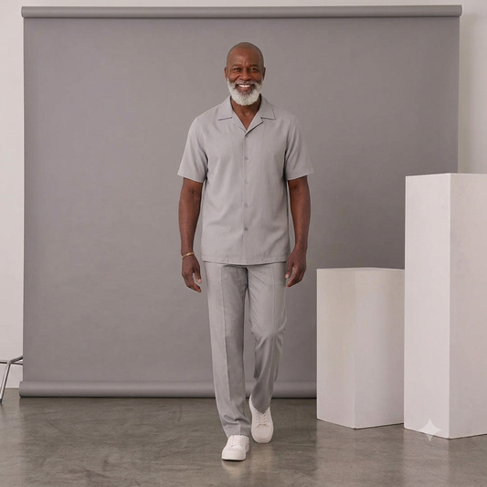 A man with a gray beard wears the Inserch 2pc Set (Shirt and Pants) SE9356 Grey by Inserch, made from soft poly-crepe fabric, walking toward the camera in a studio with a gray backdrop and white geometric props.