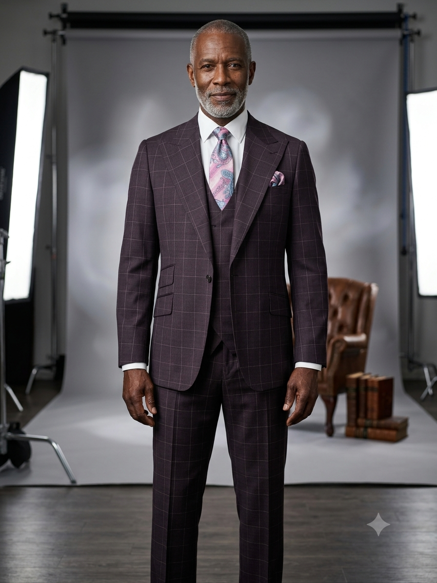 A man in a Tiglio Rosso Orvietto Semi Wide Leg TL7045 brown windowpane suit with a patterned tie stands in a photography studio, surrounded by lights, a chair, and books.