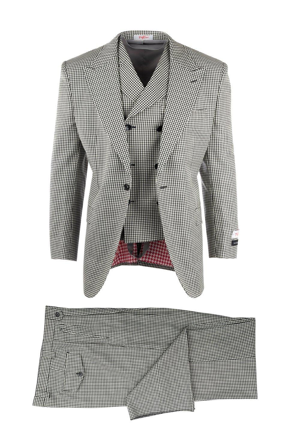 The Tiglio Rosso San Giovesse Wide Leg Black/White Check RS5524/1 three-piece suit, featuring a blazer, vest, and wide leg trousers, is displayed on a white background.
