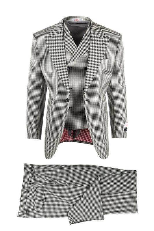 The Tiglio Rosso San Giovesse Wide Leg Black/White Check RS5524/1 three-piece suit, featuring a blazer, vest, and wide leg trousers, is displayed on a white background.