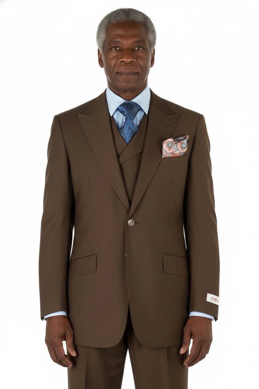 The mannequin showcases a Tiglio Rosso San Giovesse Tobacco three-piece suit, crafted from 100% wool, paired with a blue patterned tie and a floral pocket square.