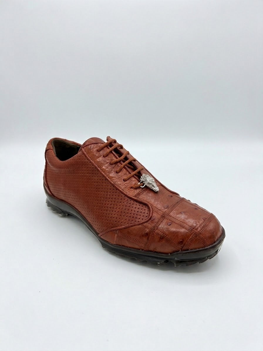 Los Altos Avestruz Perforated Ostrich Lace Up Casuals in Cognac by Los Altos, featuring perforated detailing and a textured pattern that mimics exotic skin shoes, finished with a black sole and shown against a plain white background.