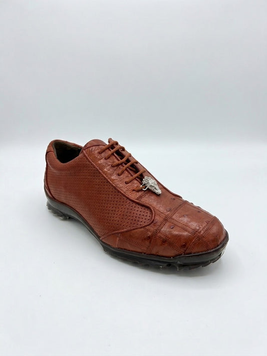 Los Altos Avestruz Perforated Ostrich Lace Up Casuals in Cognac by Los Altos, featuring perforated detailing and a textured pattern that mimics exotic skin shoes, finished with a black sole and shown against a plain white background.