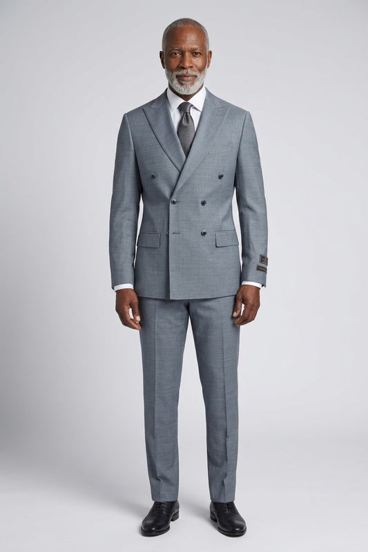 The Tiglio Luxe Light Gray Pistoia Modern Fit Men’s Suit (E09063/26) is crafted from pure Italian wool with peak lapels, black buttons, and matching trousers, displayed on a white background.