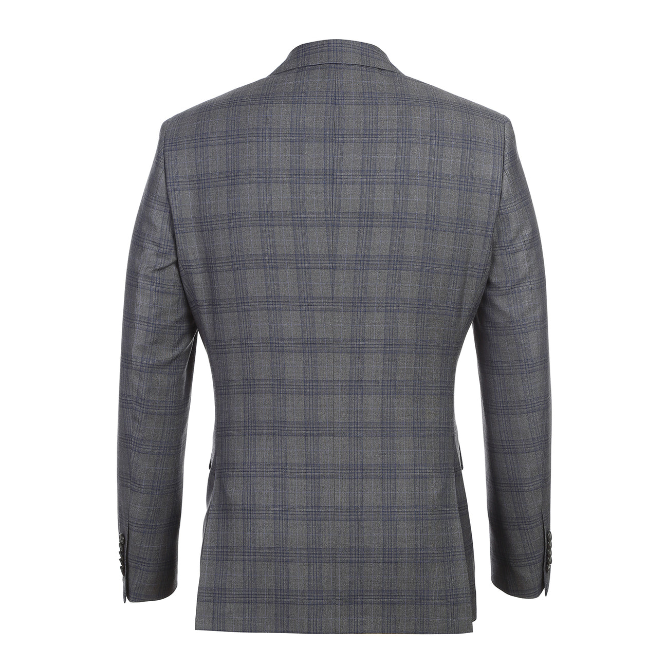 The ENGLISH LAUNDRY Gray Check Suit 22-57-500EL by English Laundry, a slim fit plaid jacket with a single black button, is shown over a white shirt and black tie on a headless mannequin against a white background.