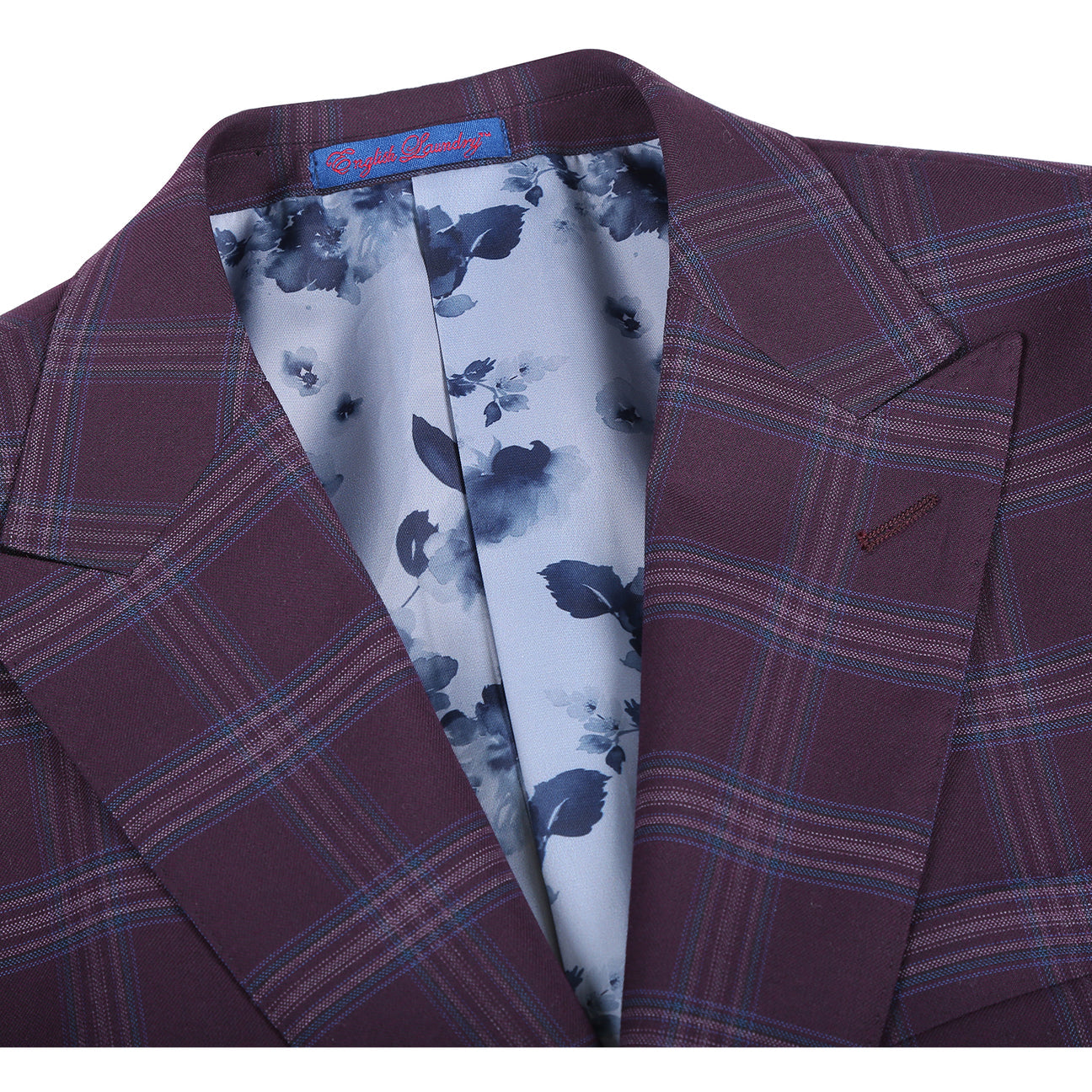 The English Laundry 2pc Suit (Purple, style 32-69-702EL) features a single-breasted jacket with two buttons, notched lapels, flap pockets, and a light blue floral lining.