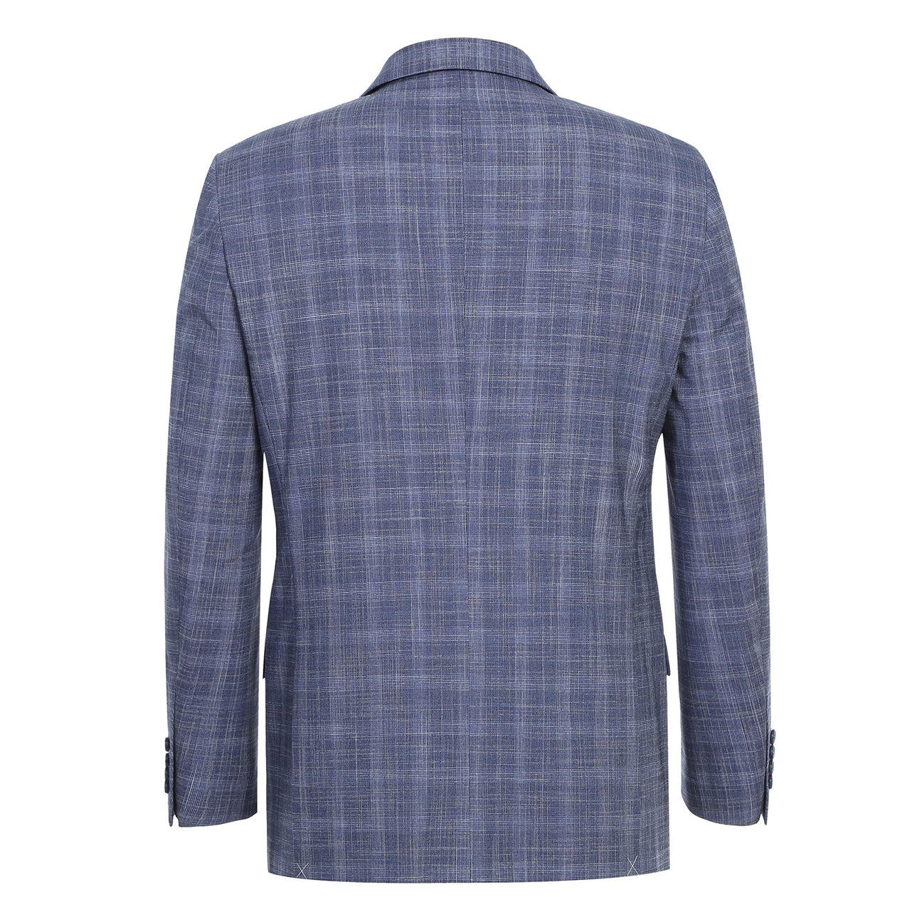 The Alessandro Vitello by Renoir Slim Fit Checked Suit Blue 293-24, featuring a blue plaid notch lapel jacket paired with a white dress shirt and an orange patterned tie, is elegantly displayed on a mannequin. Its polyester rayon blend ensures both comfort and style.