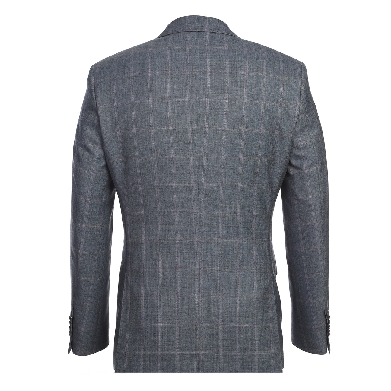 The ENGLISH LAUNDRY Grey Wool Suit EL92-52-093 by English Laundry is shown on a headless mannequin, featuring a gray plaid wool jacket with two-button closure over a white dress shirt and blue patterned tie.