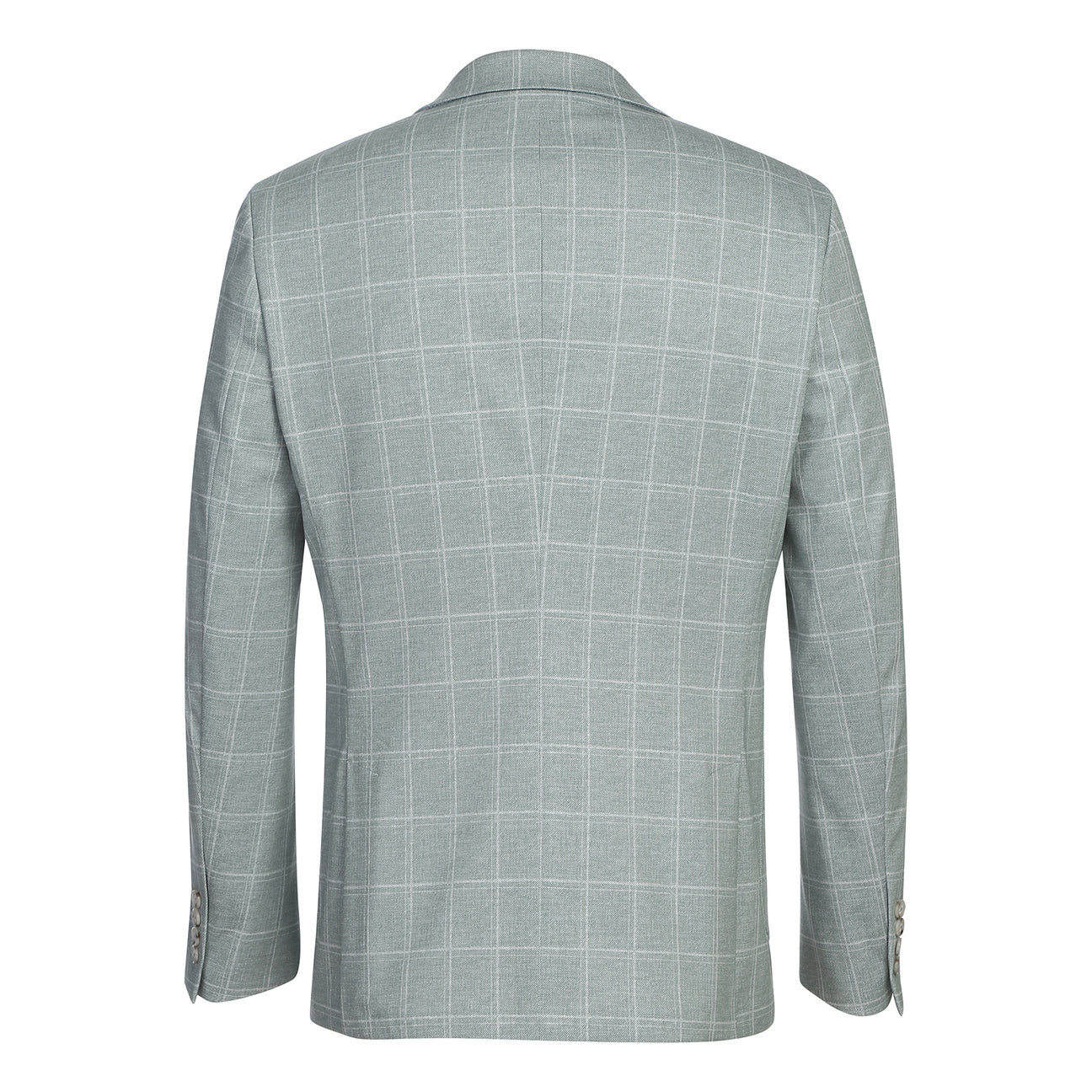 The Pellagio Light Green Men's Slim Fit Riserva Jacket PS26-9, styled with a white dress shirt, striped tie, and patterned pocket square, is displayed on a mannequin.